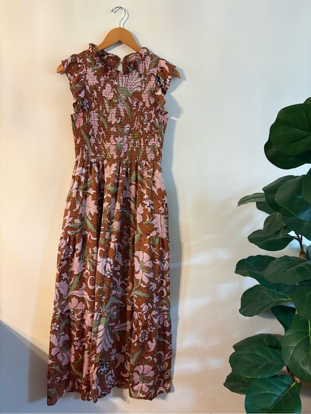 Floral Smocked Midi Dress - Pink & Brown